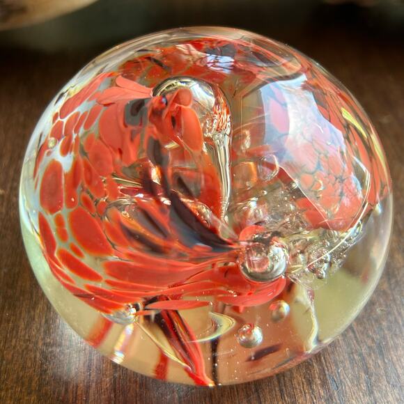 Vintage Blown Glass Paperweight With Controlled Bubbles Red Orange Swirl - Picture 7 of 9